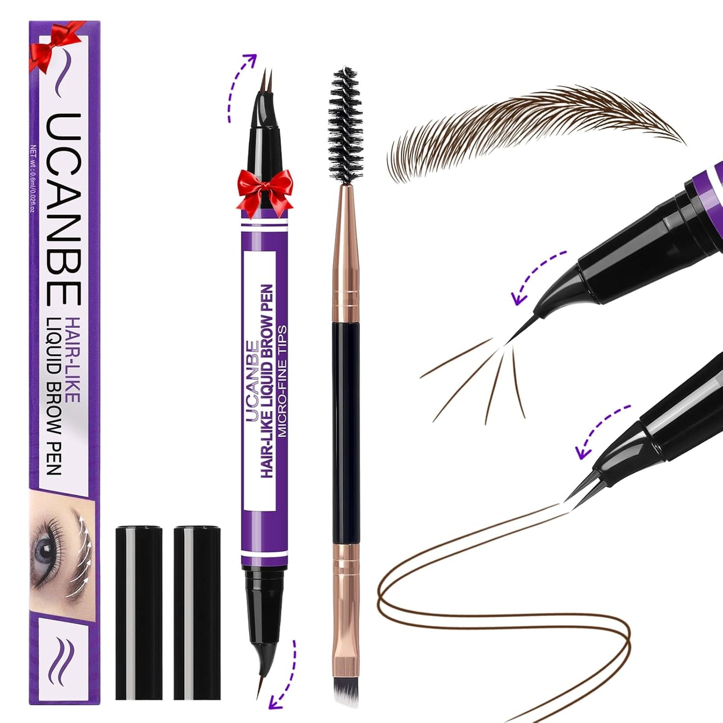 UCANBE Curved Eyebrow Pencils for Women with Spoolie Brush,Dual-Ended Eyebrow Pen with 2-Fork-Tip&Precise Brush-Tip,Microblading Brow Pen for Hair-Like Brows,Waterfool, Long Lasting,Dark Brown