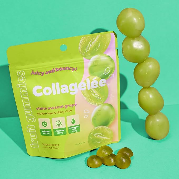 Collagelee Collagen Infused Gummies - Marine Collagen Supplements with Vitamin C, Hyaluronic Acid, & Biotin - Korean Collagen Supplements (2 Shine Muscat Grape & 2 Strawberry)