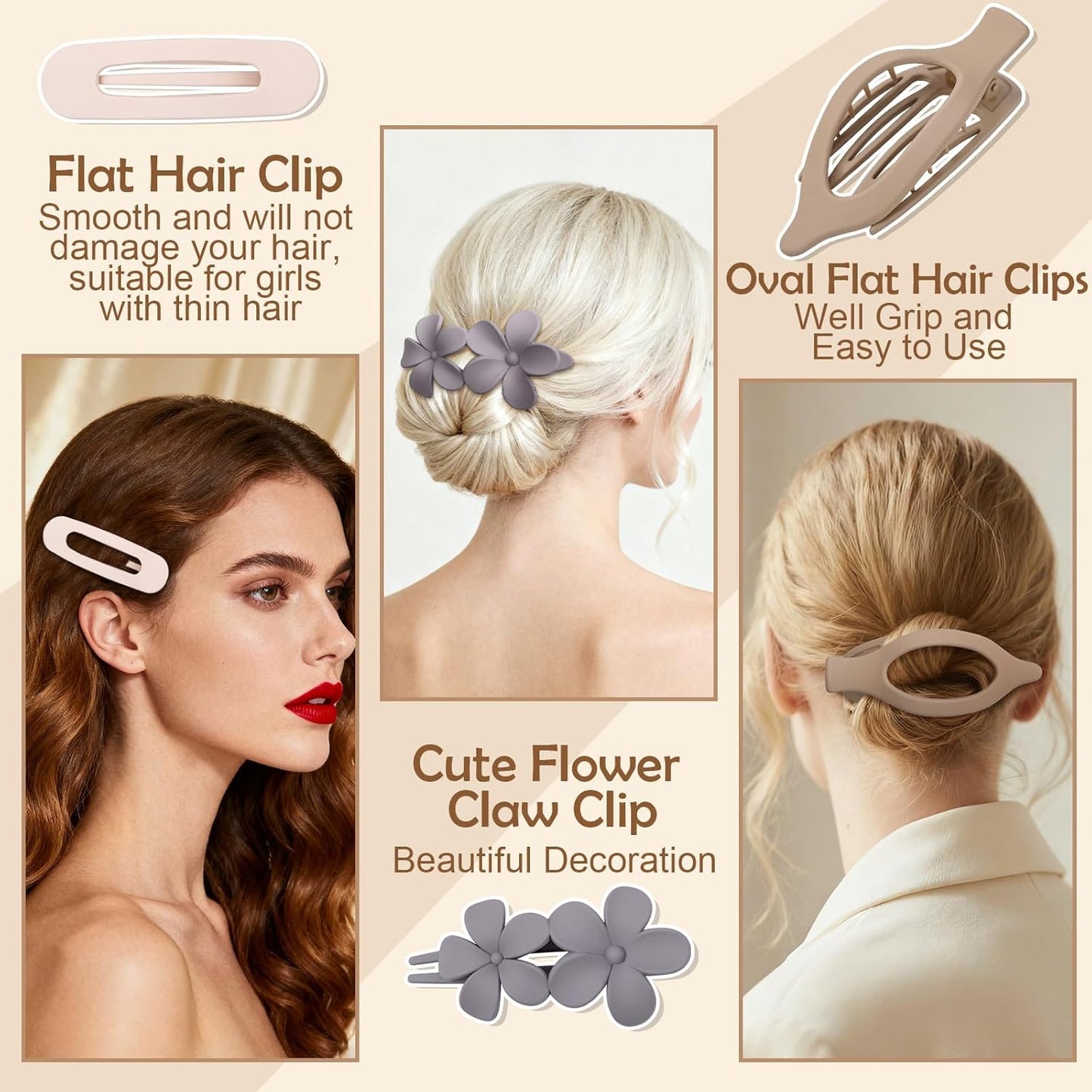 10 Pcs French Flat Hair Clips for Women, 3 Styles Lay Flat Claw Clips Non-slip Matte Hair Claws for Thin Thick Hair