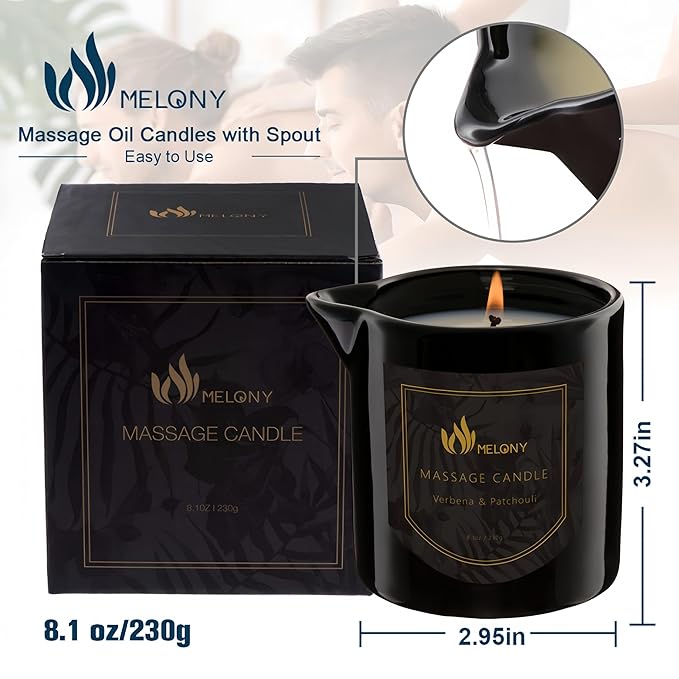 MELONY Massage Oil Candle for Pure Relaxation- 8.1 oz- Moisturizing Essential Oil Body Massage Candle for Home Spa- Amazing Gift for Women & Men (Verbena & Patchouli)