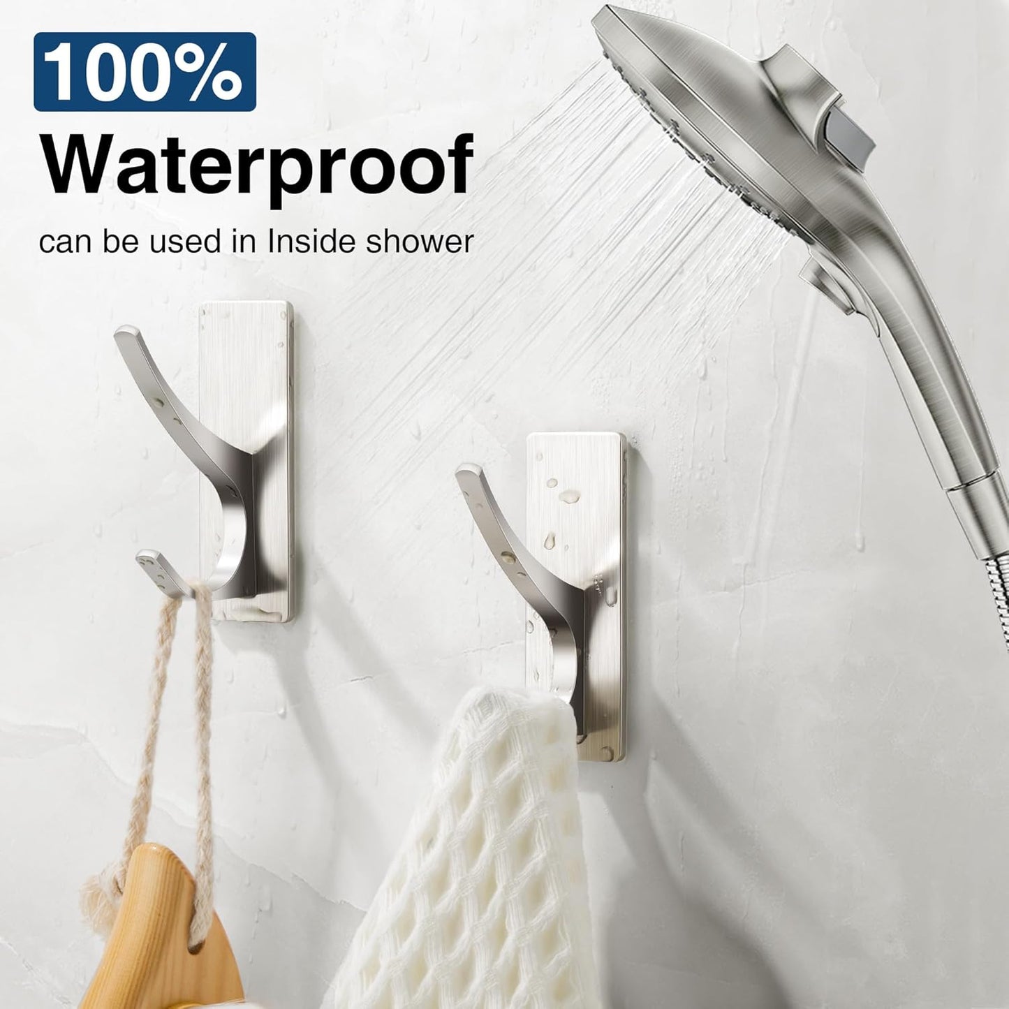 10 Pack Self Adhesive Towel Hooks: Extra Strong 13LB, Stainless Hook for Hanging Loofah, Towels, Coat, Bath Robe Bathroom Shower, Brushed Nickel