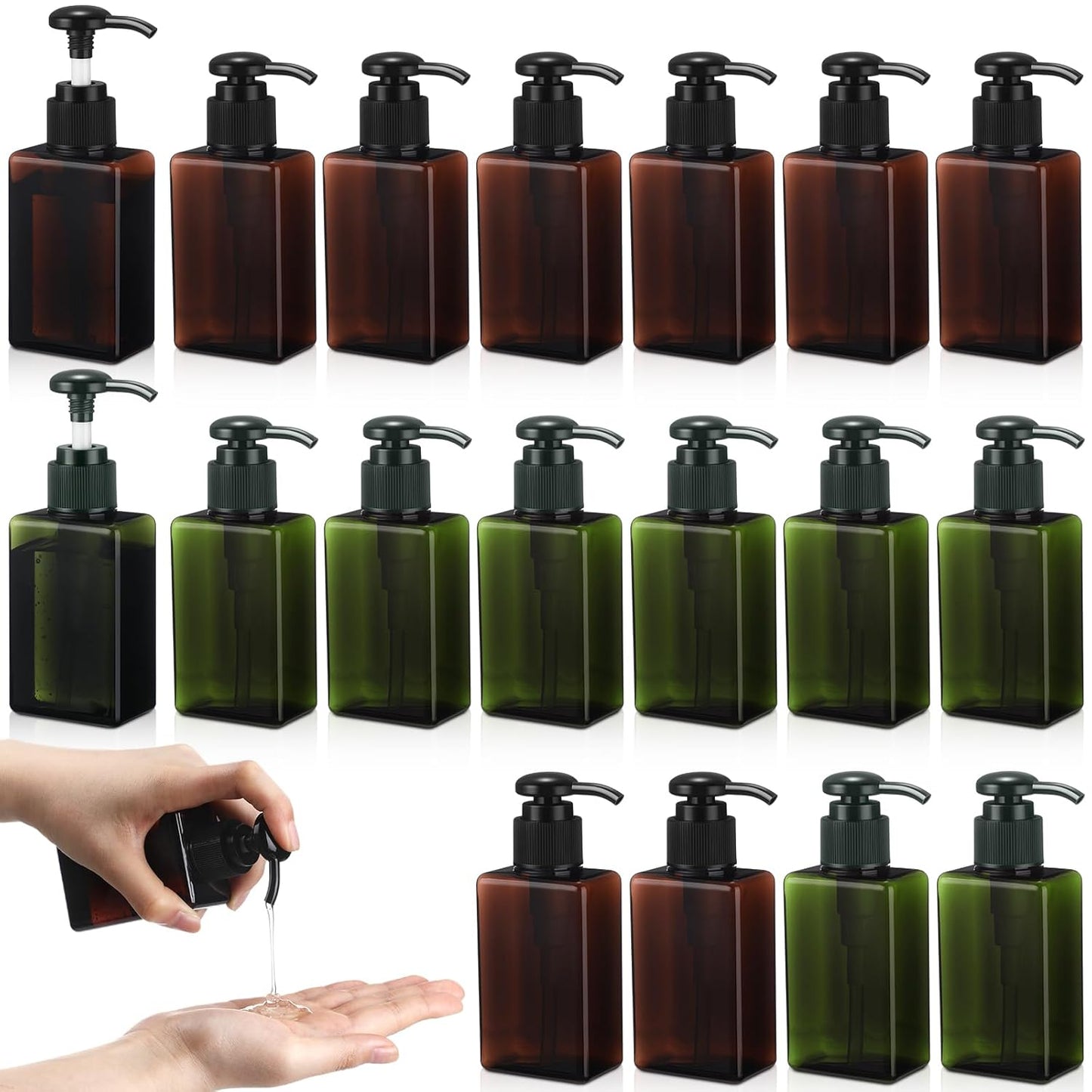 Domensi 12 Pcs 100ml /3.4 oz Pump Bottle Mini Travel Bottles Small Dispenser Containers Plastic Pump Lotion Dispenser Empty Square Travel Size Containers Toiletries (Green,Brown)