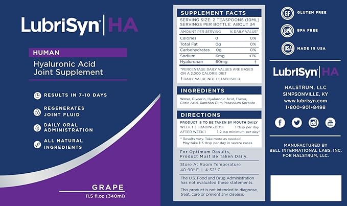 LubriSynHA Joint Supplement, Grape Flavor, 11.5oz – All-Natural, High-Molecular Weight Hyaluronic Acid - Joint Support for Women & Men – Promotes Healthy Joint Function, Made in USA, 100% Vegan