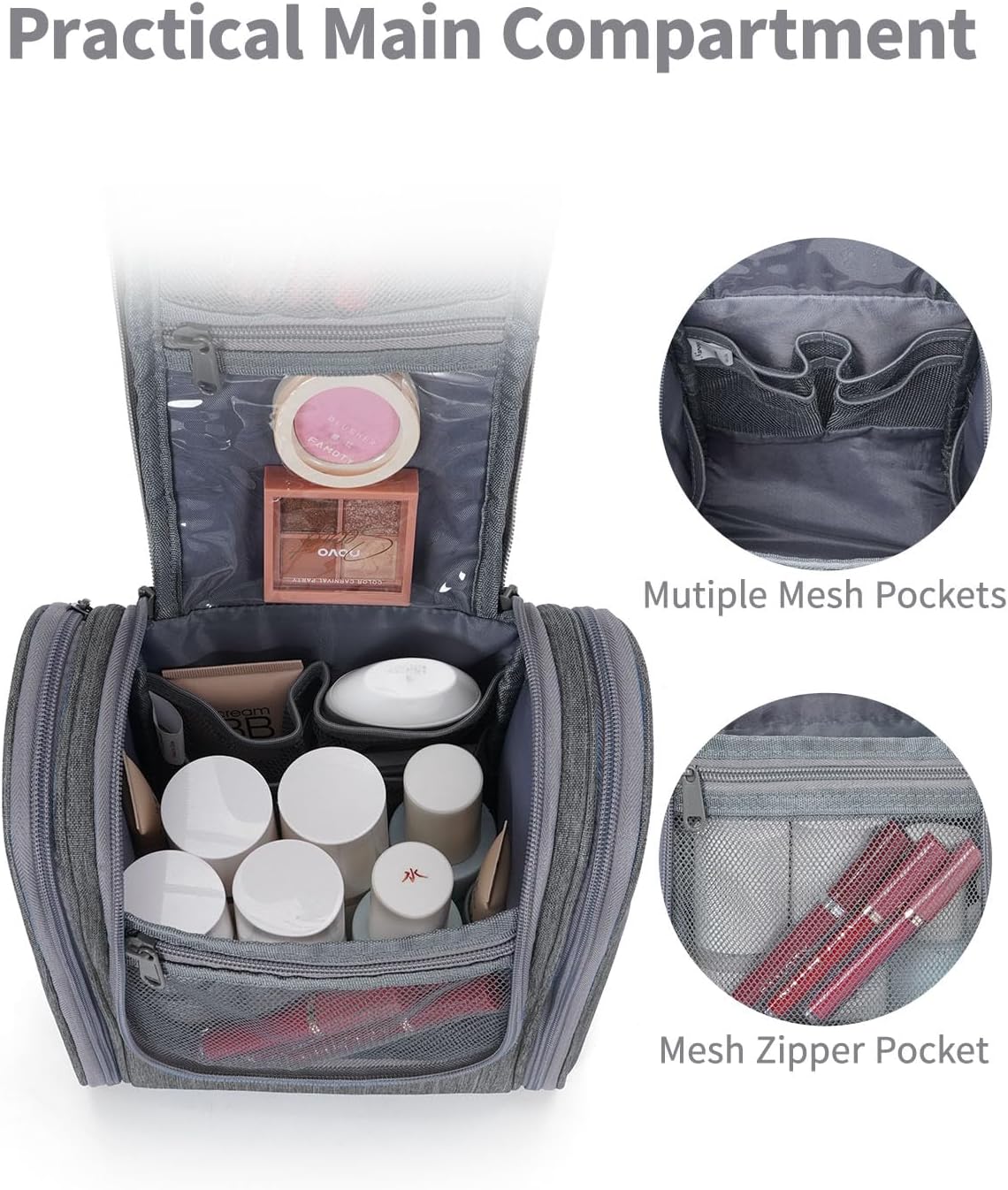 Narwey Small Hanging Toiletry Bag Women Travel Makeup Bag Organizer Toiletries Bag for Travel Size Essentials Accessories Cosmetics (Medium, Grey)