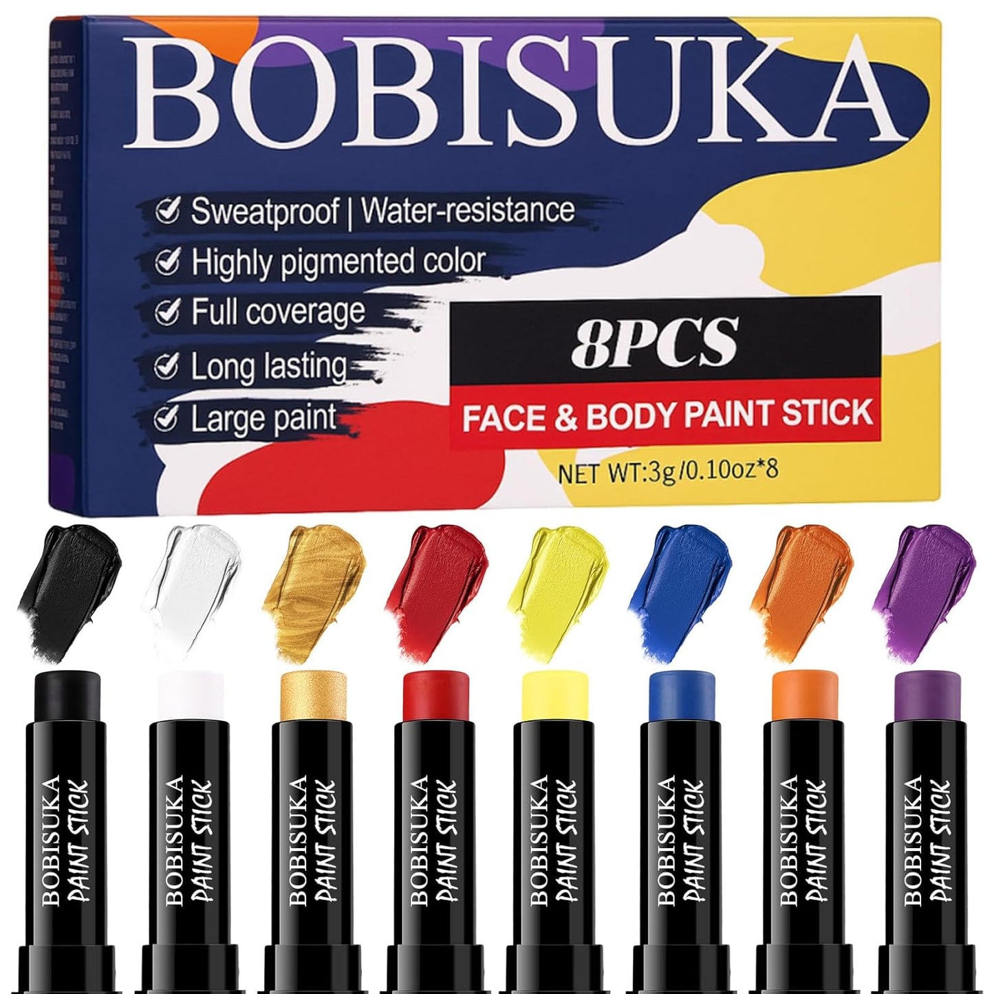 8PCS Face Body Paint Stick, Oil Based Face Painting Kit for Halloween Clown Monster Skull Vampire Costume Cosplay Makeup, Sports Eye Black for Football, Baseball, Softball