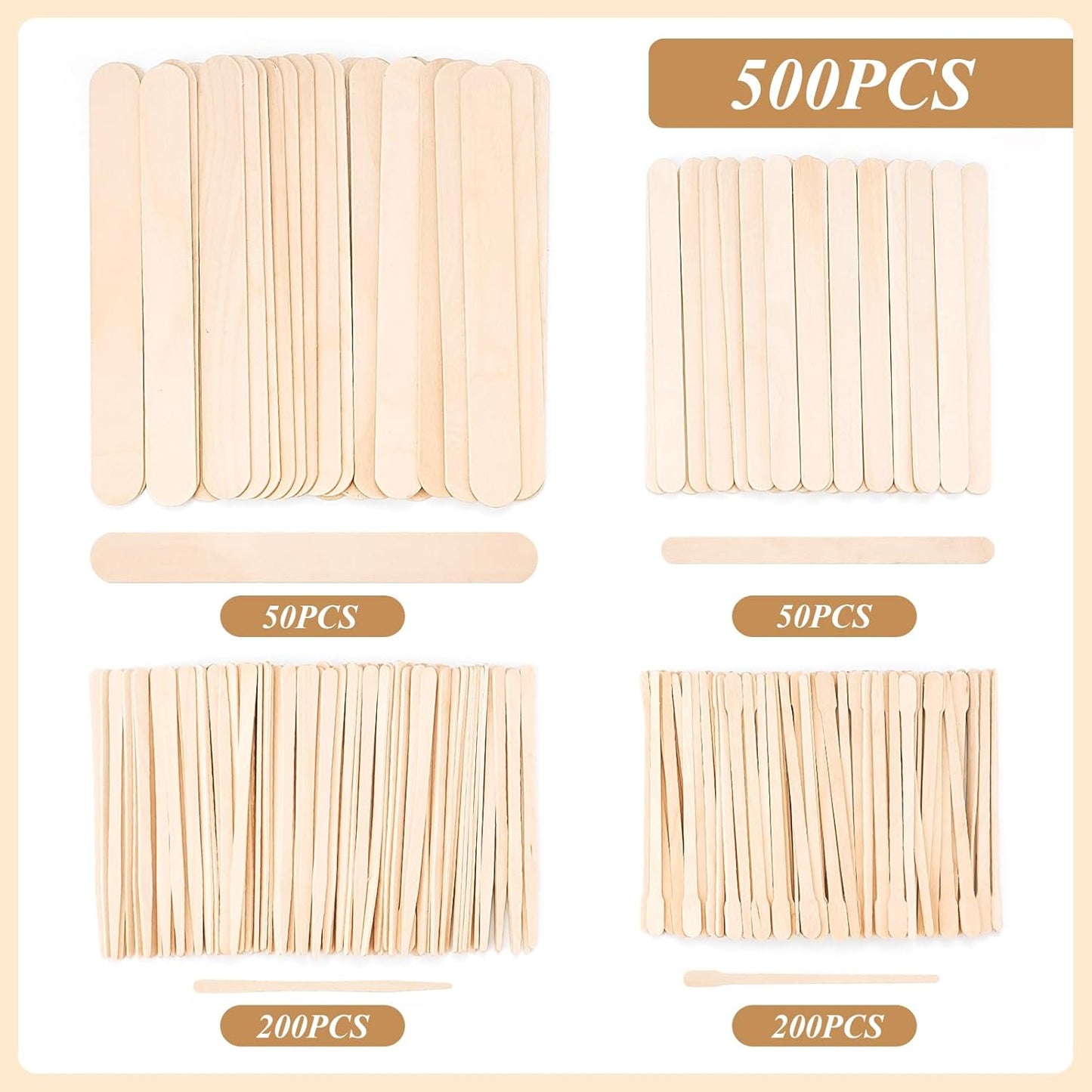 500 Pcs 4 Style Waxing Sticks Assorted Wooden Wax Applicator Stick for Body Legs Face Eyebrows and Small Medium Large Sizes Waxing Spatulas Popsicle Stick for Hair Removal Wood Craft Sticks