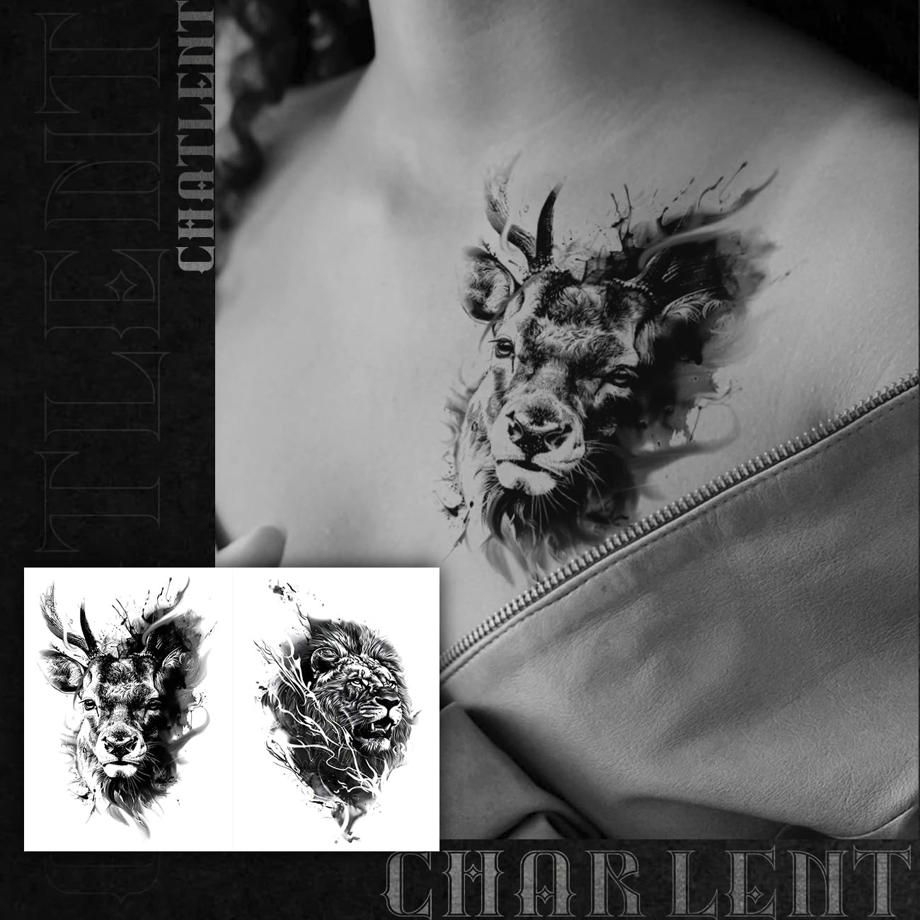 CHARLNET 18 Pcs Realistic Tiger Bear Lion Wolf Temporary Tattoos for Men Adults - Black Fake Animals Tattoo Stickers for Men Women Adult Body Art Arm Chest Shoulder