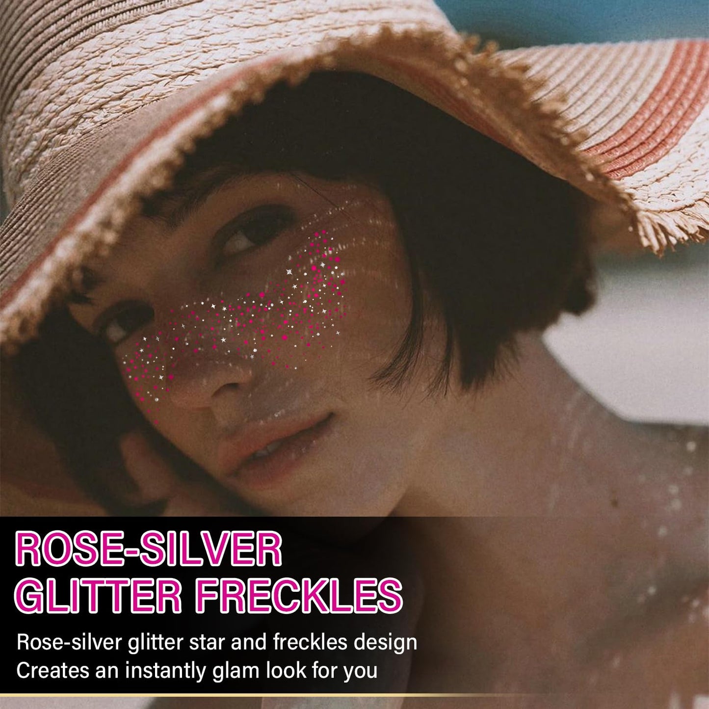 10 Pcs Rose-Silver Laser Glitter Freckles, Rose and Silver Glitter Freckles Face Tattoo, Waterproof Face Sparkle Freckles, Long-lasting 48h Freckles for Women