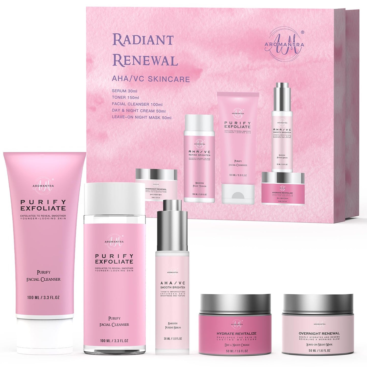 Skin Care Set, AHA+Vitamin C Skincare Routine Kit, 5 in 1 Facial Skin Care Essential for Daily Hydrating w/Cleanser, Toner, Serum, Moisturizer, and Mask, Gifts For Women and Teenage Girls