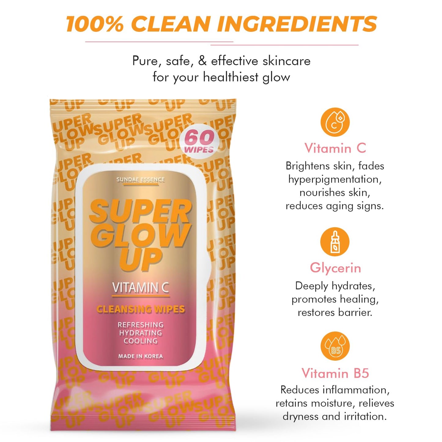 Vitamin C Facial Wipes - Dermatologist-Tested, Anti-Aging, Korean Skin Care, Hydrating & Brightening Face Wipes for Cleansing & Refreshing- Clean Formula, Vegan, 95% Natural- 1 Pack