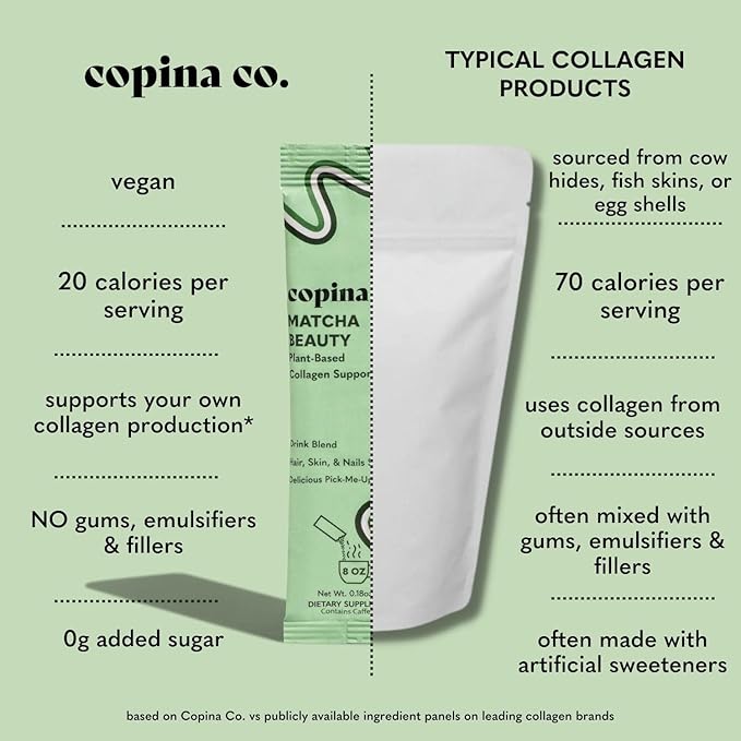 Matcha Beauty Vegan Collagen Booster Drink Blend: Plant Based Collagen Support Smoothie Drink Vegan Blend Variety Pack | Matcha Flavor | 10 Individual Stick Packs per Carton