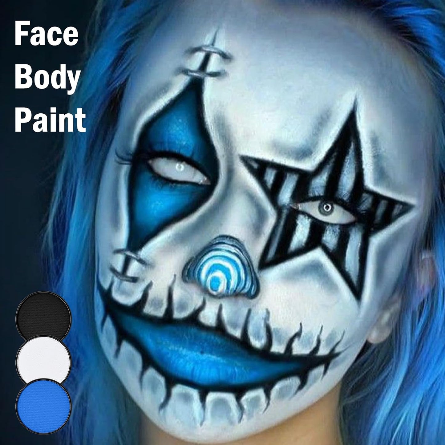 White Black Blue Foundation Face Body Paint, Halloween Makeup Face Painting Kit with Painting Brushes and Makeup Sponge for Kids & Adults Halloween The Smurfs Avatar Elf Cosplay Party-30g