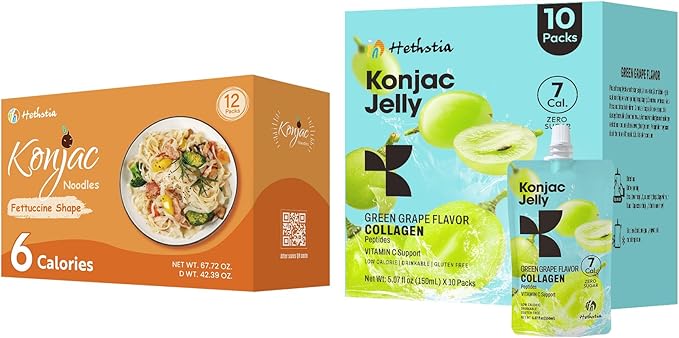 Konjac Jelly Green Grape Flavor with Collagen Peptides 10 Packs and Konjac Fettuccine Gluten Free 12 Packs Low Calorie, Keto, Sugar Free, Healthy Food