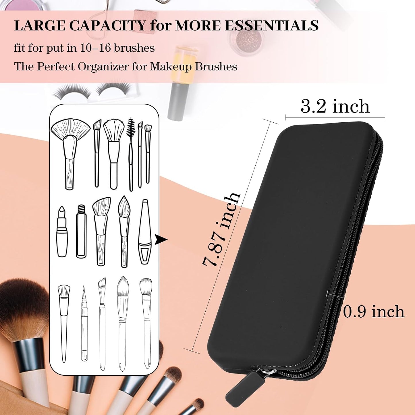 Sakolla Travel Makeup Brush Holder, Silicone Makeup Brush Bag with Zipper Closure, Makeup Brushes Organizer Case Washable Makeup Pouch Holder Case for Daily, Work, Essentials (Black)