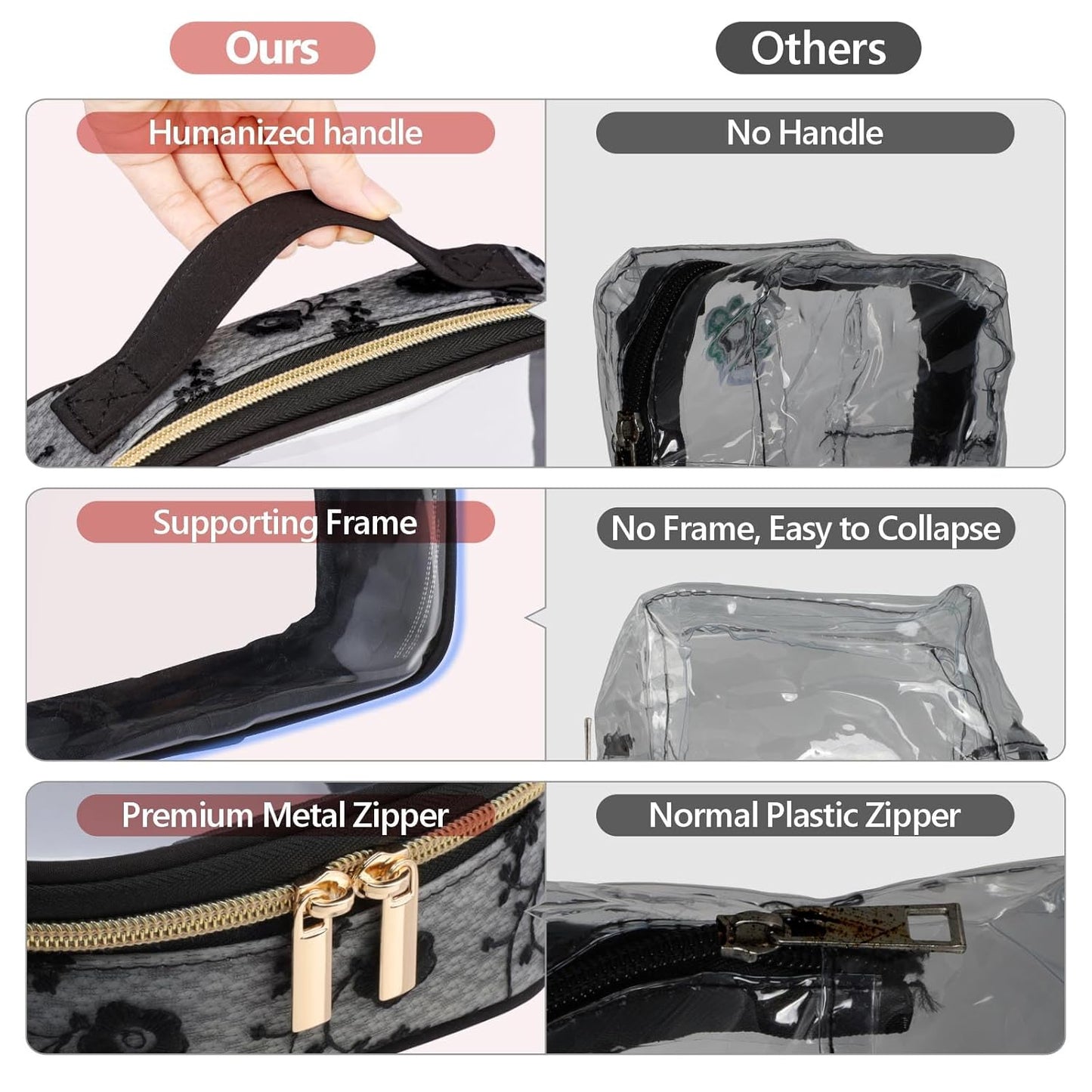 PACKISM TSA Approved Toiletry Bag - 180° Large Opening Clear Makeup Bags with Handle, Easily Access, Floral Texture Lace Clear Toiletry Bags for Traveling, Thick 0.5 mm No Smell, Black