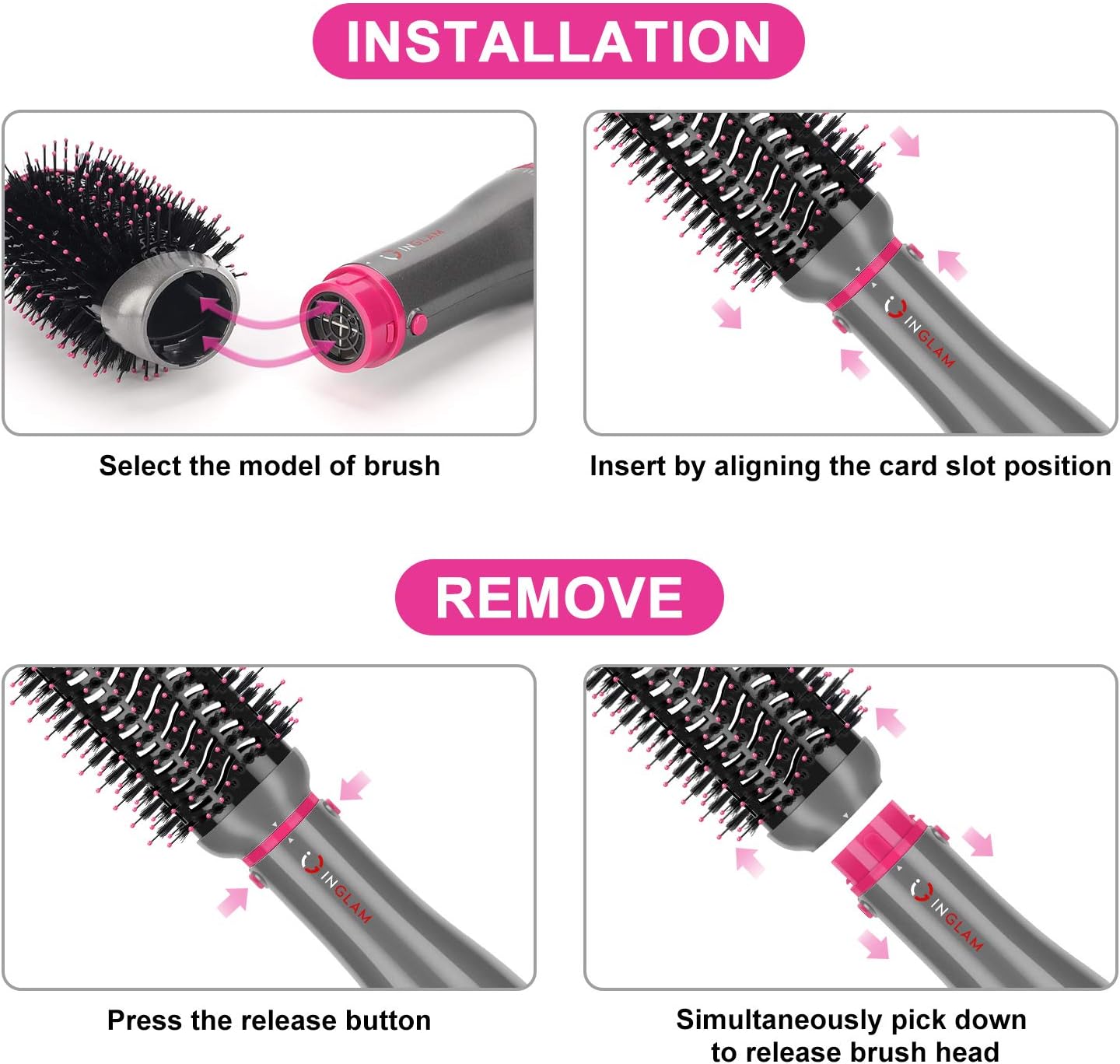 IG INGLAM 4 in 1 Blowout Brush, Negative Ion Detachable Hair Dryer & Styler Volumizer Hot Air Brush with 2 Styling Brush Heads, Silver