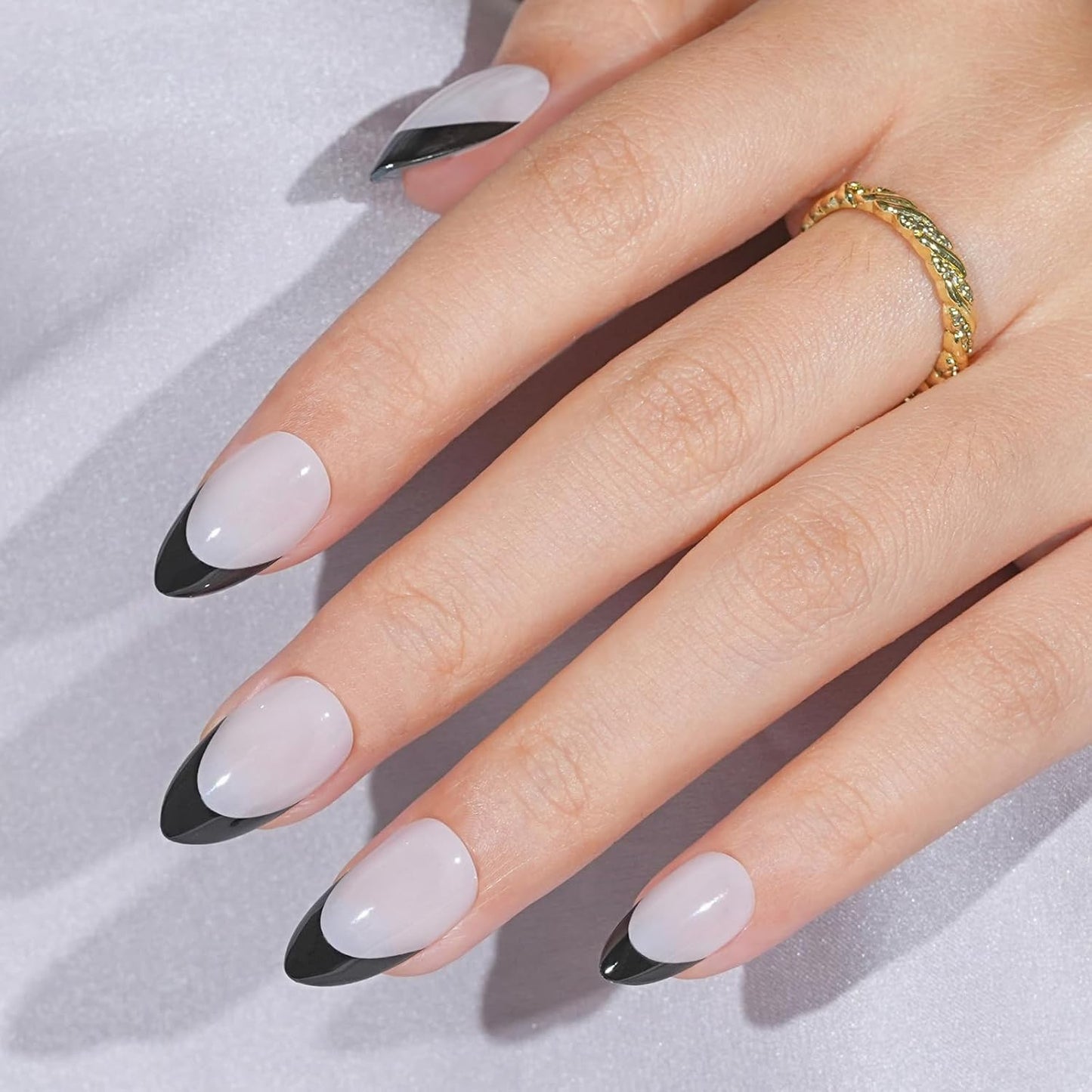 French Tip Press On Nails Almond - Noir French,Black Press On Nails Halloween, Acrylic Short Halloween Nails with Nail Glue, Fit Perfectly & Natural Stick On Nails in 16 Sizes - 32 PCS Soft Gel Kit