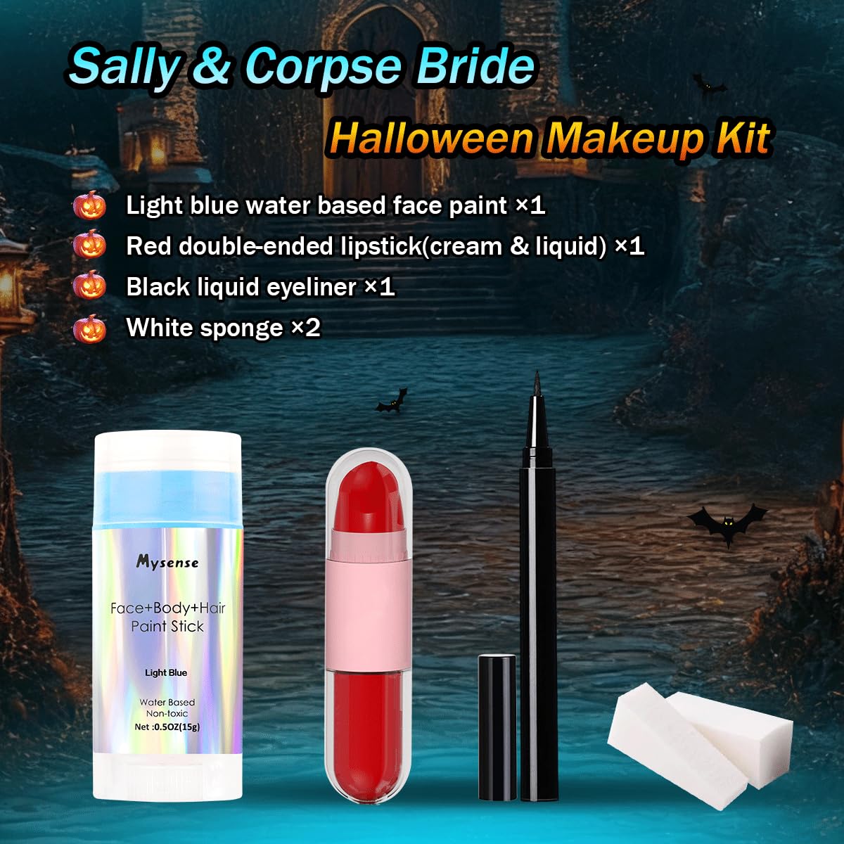Mysense Sally Makeup Kit,Halloween Corpse Bride costume,Sally Face Cosplay Accessories for Women and Kids,Light Blue Face Paint+Red Double-Ended Lipstick+Black Eyeliner+Sponges