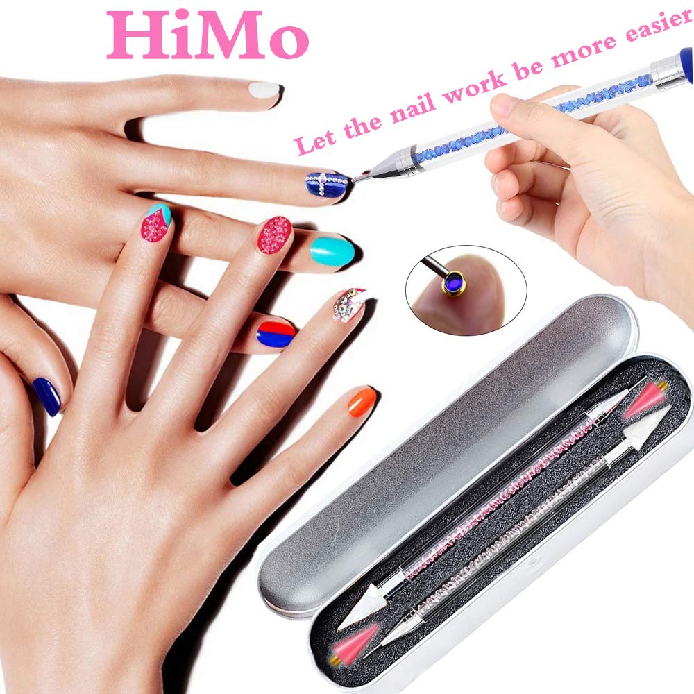 2 Pieces Nail Rhinestone Picker Dual-Ended DIY Nail Art Dotting Tool Wax Pen Acrylic Handle with Extra 2 Wax Head & Storage Case, for Crystal AB Rhinestones, Nail Art, Diamond Painting