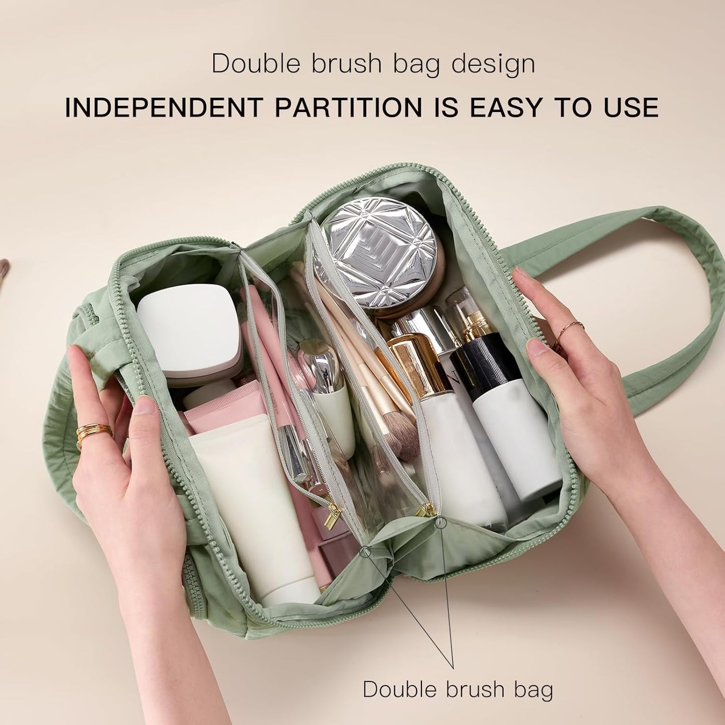 Makeup bag, Large Capacity Cosmetic Bag for Women, Portable Wide-open Toiletry Bag, Travel Makeup Bag with TPU Compartments for Accessories, Essentials, Toiletries, Makeup Brush Bag, Green