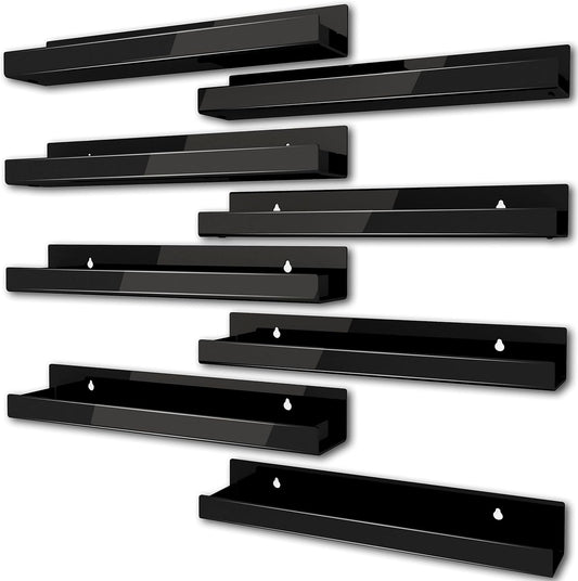 8 Pack 15 Inch Black Acrylic Shelves, Black Kids Floating Bookshelf for Kids Room, Modern Nail Polish Rack Sunglasses Essential Oil Picture Ledge Display Toy Storage Wall Shelf
