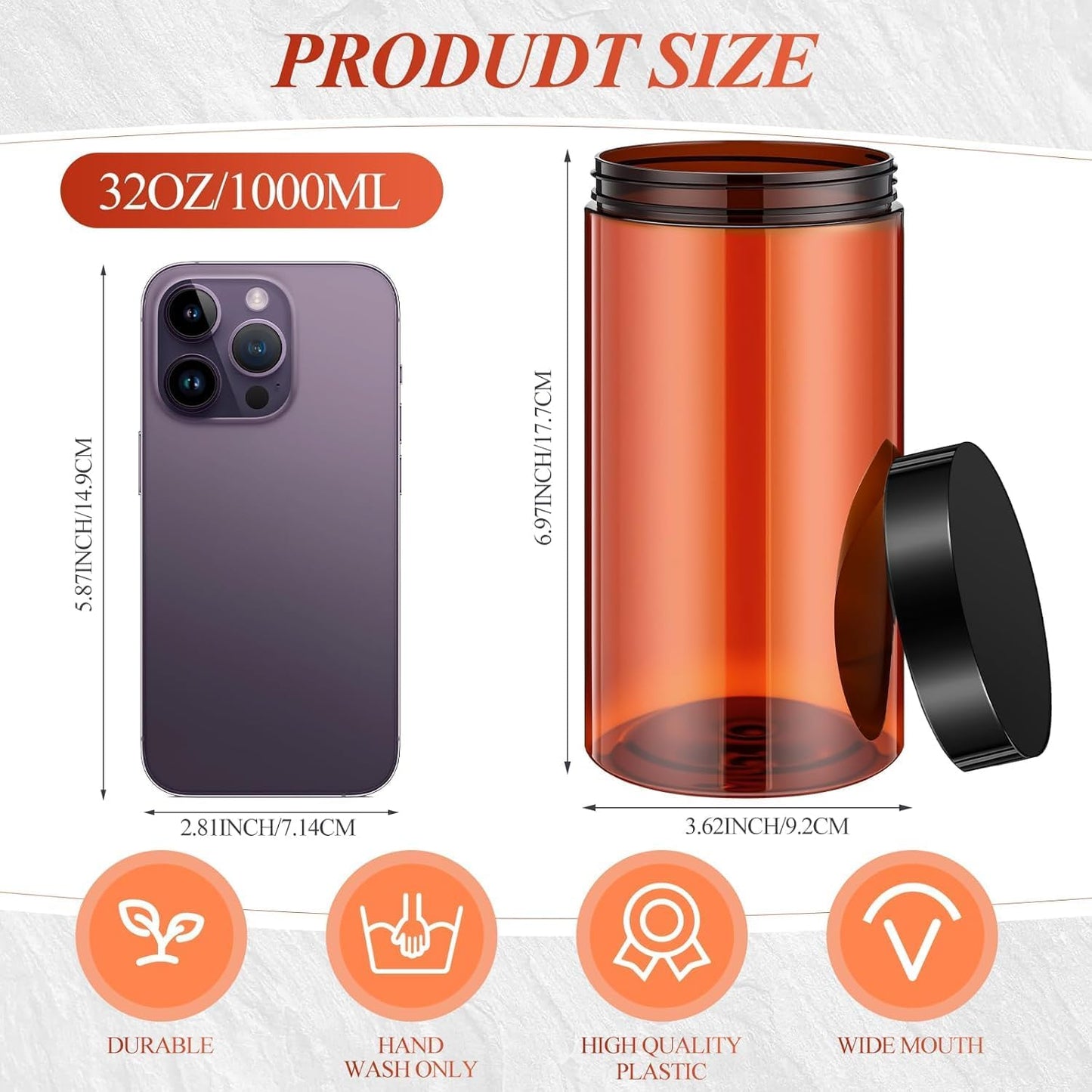 SATINIOR 12 Pack 32 oz Plastic Container Jars with Lids Round Clear Travel Cosmetic Container Jars for Toiletries, Lotion, Cream, Ointments, Makeup, Rhinestone, Samples, Kitchen Storage(Amber)