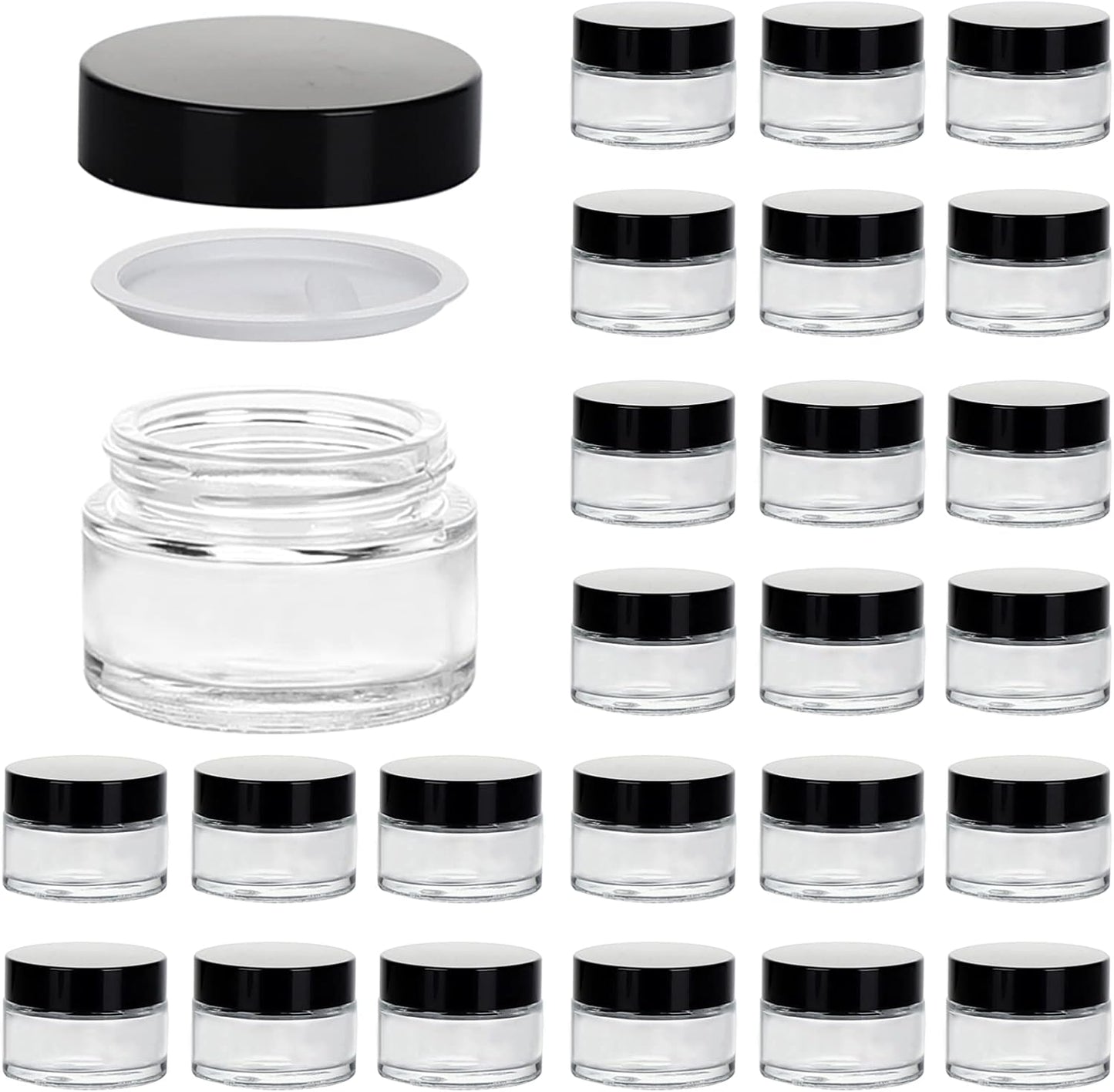 1oz Glass Jar with Lid, Hoa Kinh 25Pack Clear Round Containers Cosmetic Glass Jars with Inner Liners and Black Lids Travel Jars for Storing Lip and Body Scrub, Lotion, Body Butter, Bath Salts, Liquid