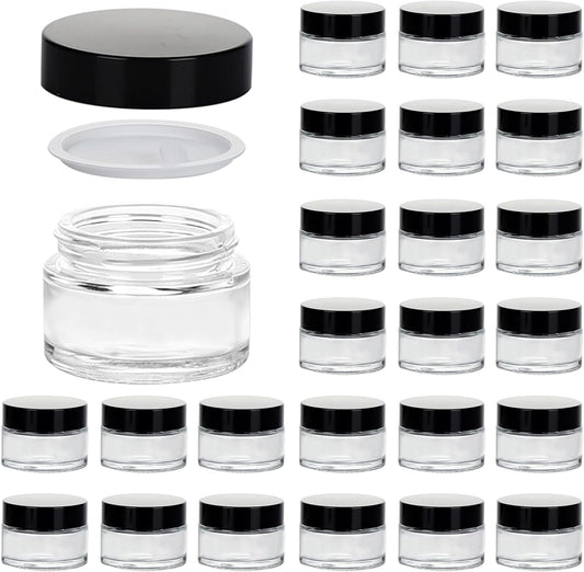 1oz Glass Jar with Lid, Hoa Kinh 25Pack Clear Round Containers Cosmetic Glass Jars with Inner Liners and Black Lids Travel Jars for Storing Lip and Body Scrub, Lotion, Body Butter, Bath Salts, Liquid