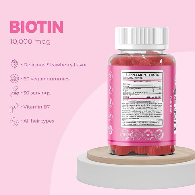 MB One Biotin Gummies - Healthy Hair, Skin and Nails Strengthening, Vitamin B7, Vegan Biotin 10000 Mcg (60 Gummies) Non-GMO, Pectin-Plant-Based, for Kids and Adult, Strawberry Delicious Flavor