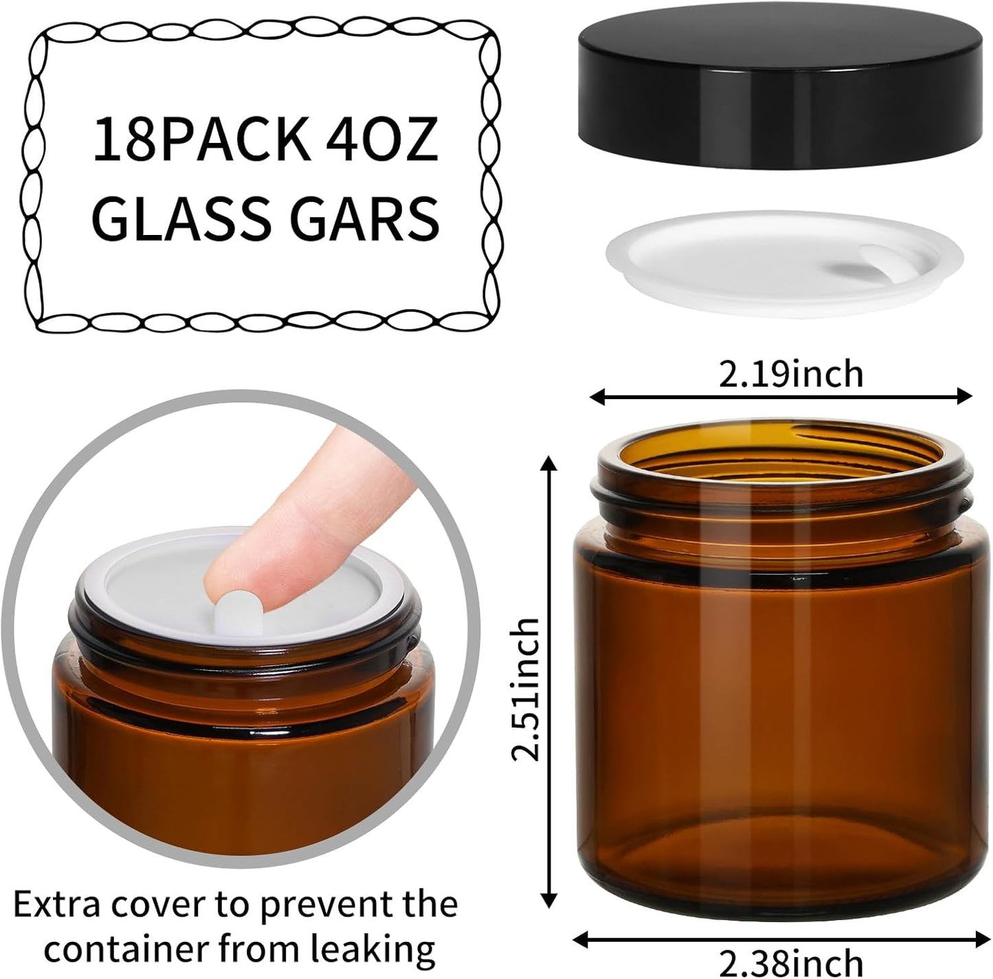 KEYWING 4oz Small Glass Jars with Black Lids, 18 Pack Amber Empty Cosmetic Containers Round Glass Jar with Inner Liners for Creams, Lotions, Powders and Ointments