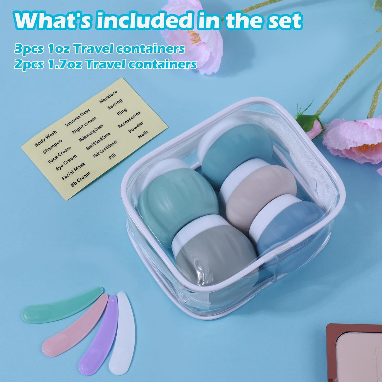 GLAMFIELDS TSA Approved 2Pcs 1.7oz+3Pcs 1oz Travel Size Silicone Jars BPA Free, Leak-proof Travel Essentials with Lid for Cosmetic Face Hand Body Cream Green (5Pack)