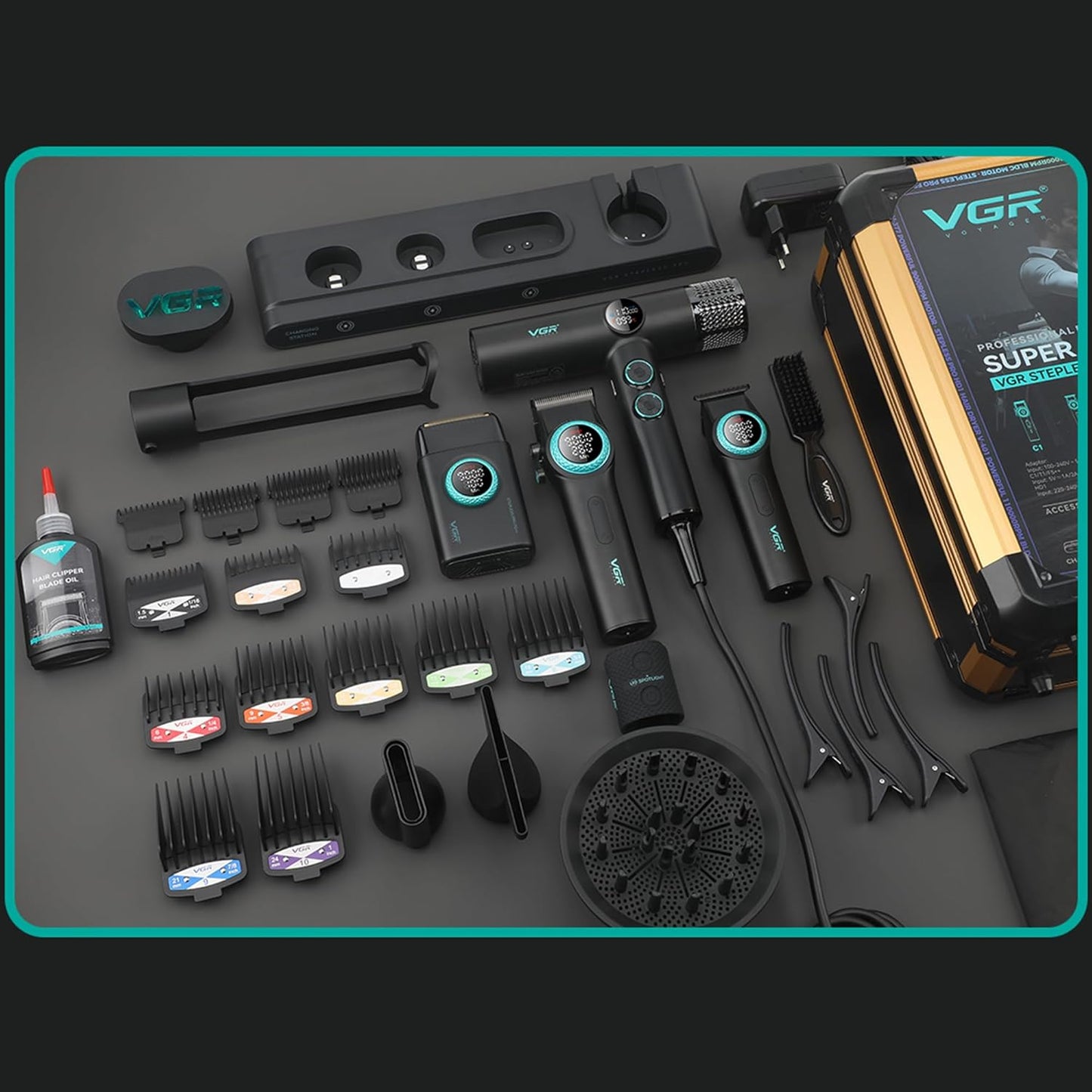 VGR Professional Barber Combo 4 in 1 – 9000RPM Cordless Hair Clipper & Trimmer, Foil Shaver & Hair Dryer Set, All-in-One Grooming Kit for Home & Barber, Premium Haircutting Kit with Travel Case, Black