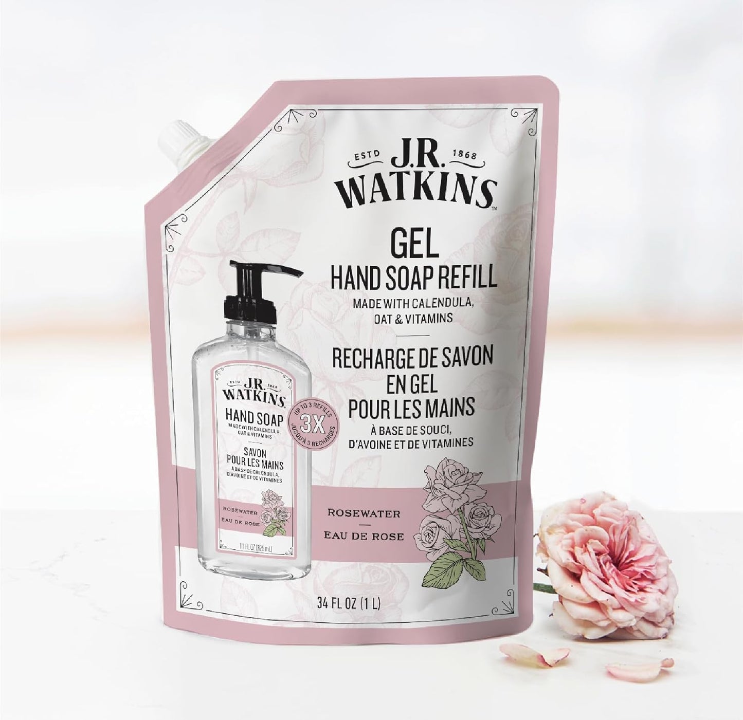 J.R. Watkins Gel Hand Soap Refill, Moisturizing Hand Wash, Formulated with Plant-Based Cleansers, Alcohol-Free, Cruelty-Free, Rosewater, 34 Fl Oz, 2 Pack