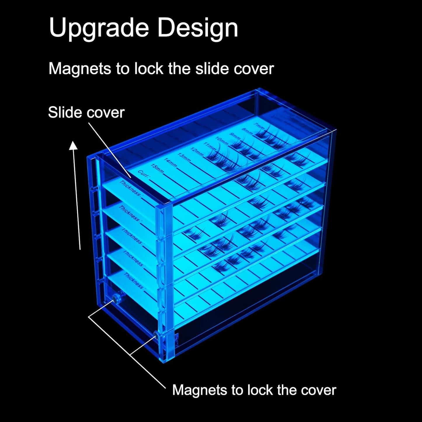Lash Storage Organizer, Upgrade Design Small 5-Layer Lash Trays for Lash Extensions with magnet cover, Blue Semilucent lash tray Organizer, Eyelash Storage Box