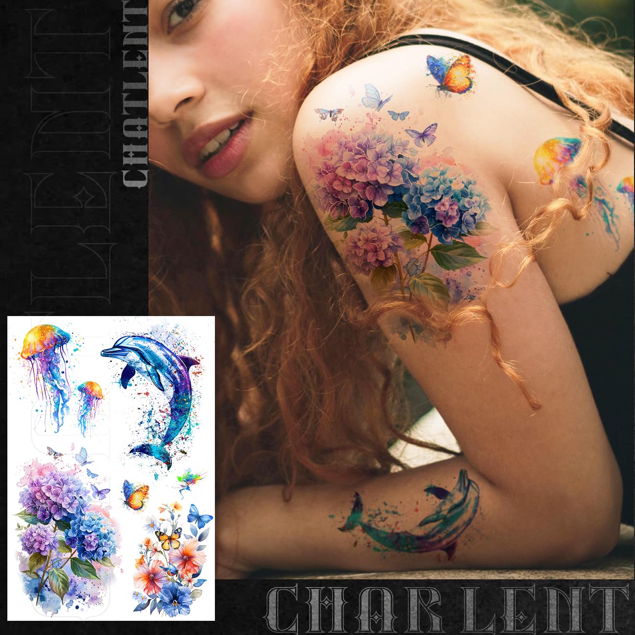 CHARLNET 3D Watercolor Temporary Tattoos For Women Men - 9 Sheets Large Realistic Watercolor Flower Lion Tiger Horse Tattoos for Adults Body Art/Long Lasting/Waterproof