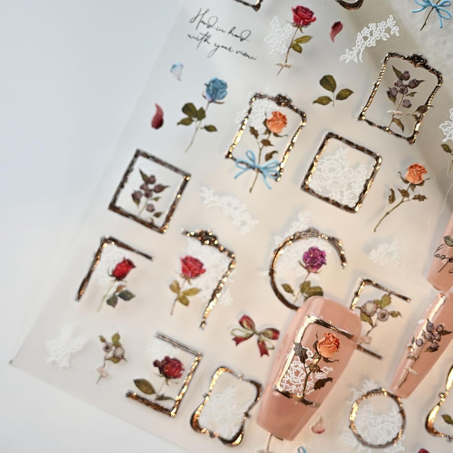 Golden Frame Rose Nail Stickers, Embossed Nail Decals,Vintage Floral for Nail Art Designs, Self-Adhesive Nail Accessories for Women