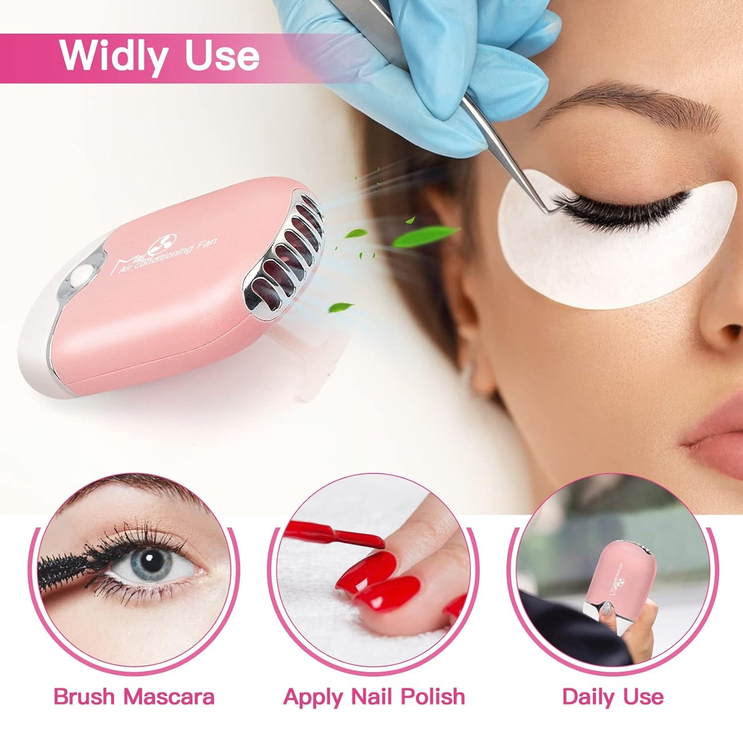 Lash Fan Mini Portable Eyelash Fan Handheld for Eyelash Extension Rechargeable USB C Air Cooling Blower with Built in Sponge Lash Extension Application(Pink)