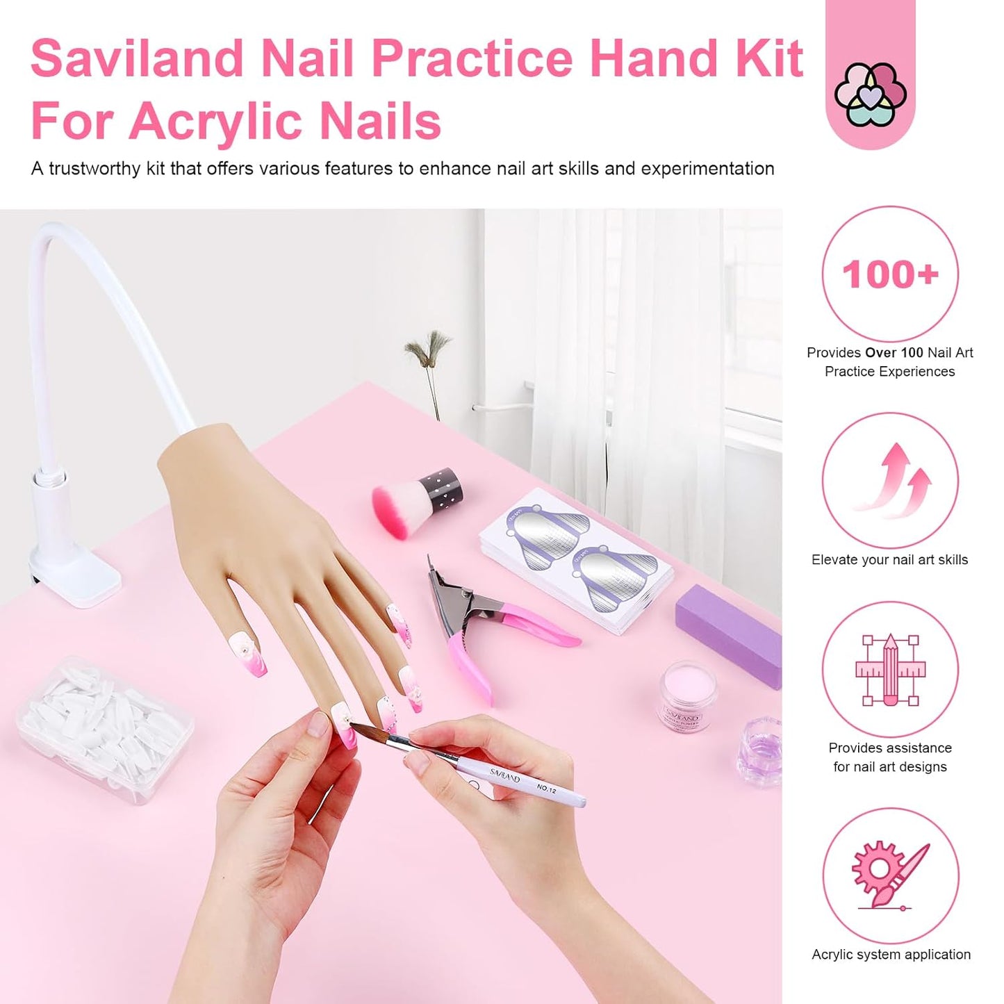 Saviland Silicone Practice Hand for Acrylic Nails, Upgraded Flexible Moveable Fake Hands with No Breaking or Falling, Manicure Training Hand Nail Kit with 100PCS Nails Tips Home Salon Holiday Gift