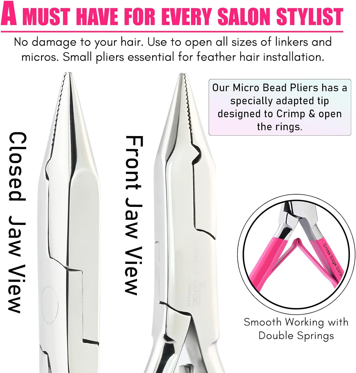 Cross Edge Multifunctional Hair Extension Pliers for Micro Ring Hair Extensions Opener and Remover - Pink Handles