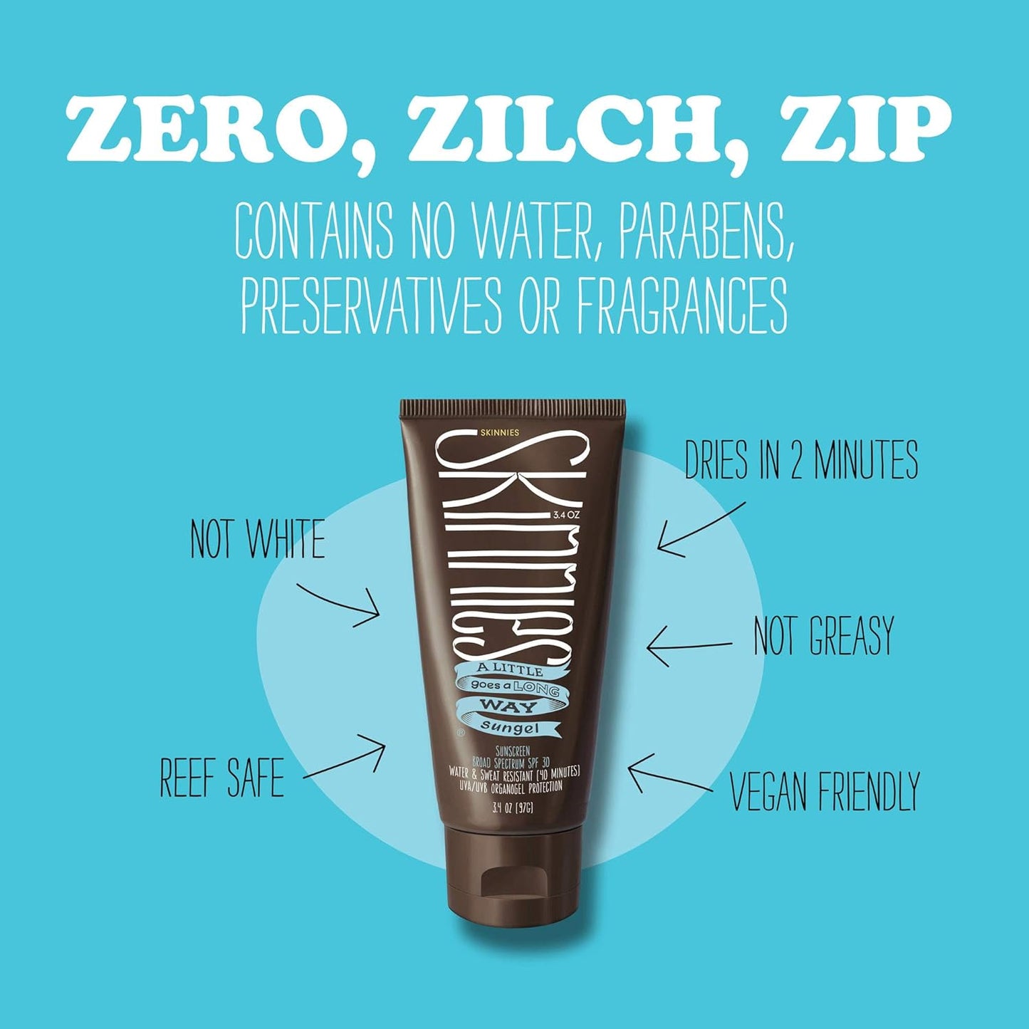 Skinnies Sungel New Formula SPF30 Eco Sunscreen, 3.4oz UVA UVB, Not Diluted With Water, Reef Safe, Vegan, Use Pea Size Blob