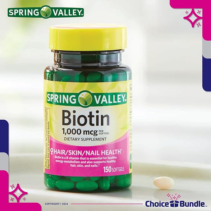 Spring Valley Biotin Softgels 1000mcg Dietary Supplement for Hair Skin Nail Health 150 Ct 2 pk (300 Total) + Vitamin Guide & Pill Container (4 Items)!