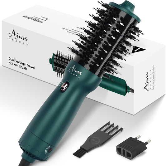 Aima Beauty Hair Dryer Brush Dual Voltage Worldwide Travel Blow Dryer Brush Hot Air Brush Oval Barrel 110-120V/220-240V 360°Airflow,Negative Ionic Frizz-Free Dry/Straightening/Voluming, Dark Green