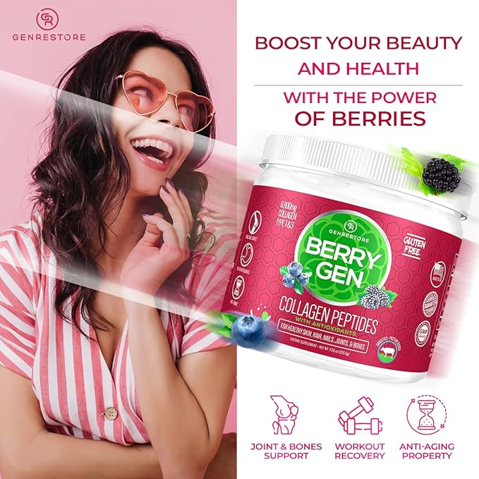 Collagen Powder with Antioxidants from BlackBerry and Blueberry Extracts - 30 Servings - Natural Dual Action Formula - Supports Joints, Hair, Skin, and Nails - Made in The USA
