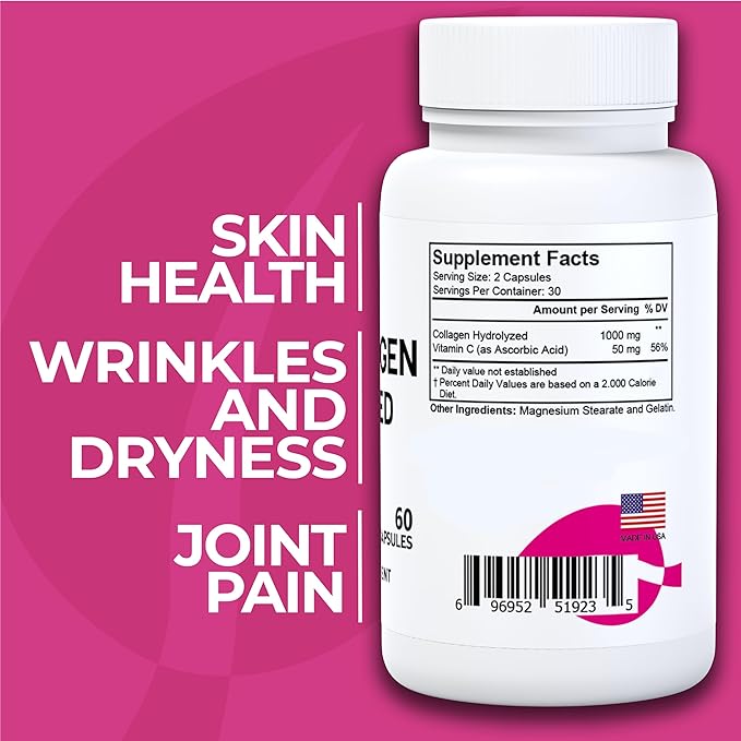 Cólageno hidrolizado - Pastillas de colágeno - Piel, arrugas y antienvejecimiento – Fortalecimiento del Cabello y uñas – Dolor en articulaciones – Collagen HYDROLIZED Plus Vitamin C 1000 MG 60 Cap
