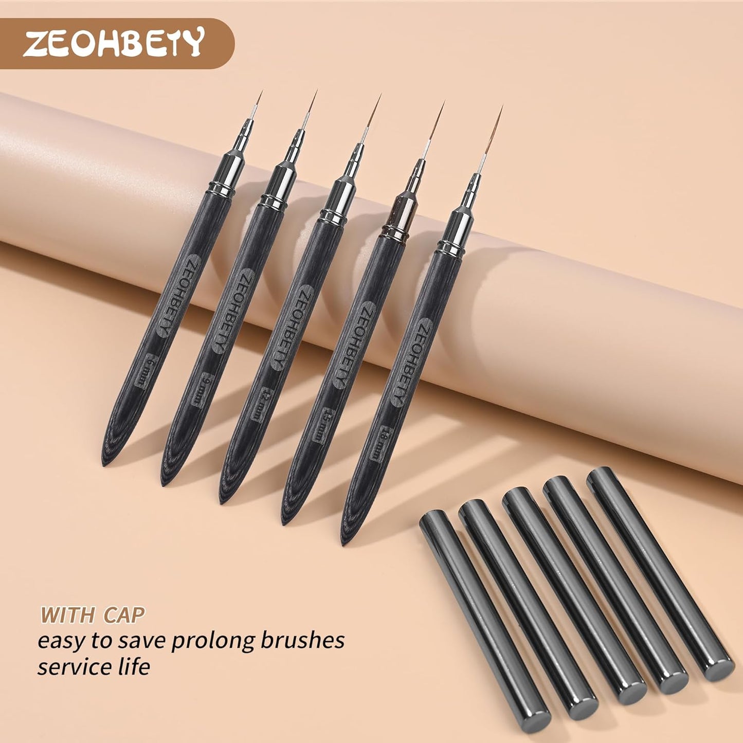 Wooden Nail Art Brushes, 5Pcs Nail Art Liner Brushes, Painting Art Design Brush Set Nail Dotting Drawing Tool for Long Lines, Thin Details, Fine Drawing Sizes 6/9/12/15/18mm, Grey