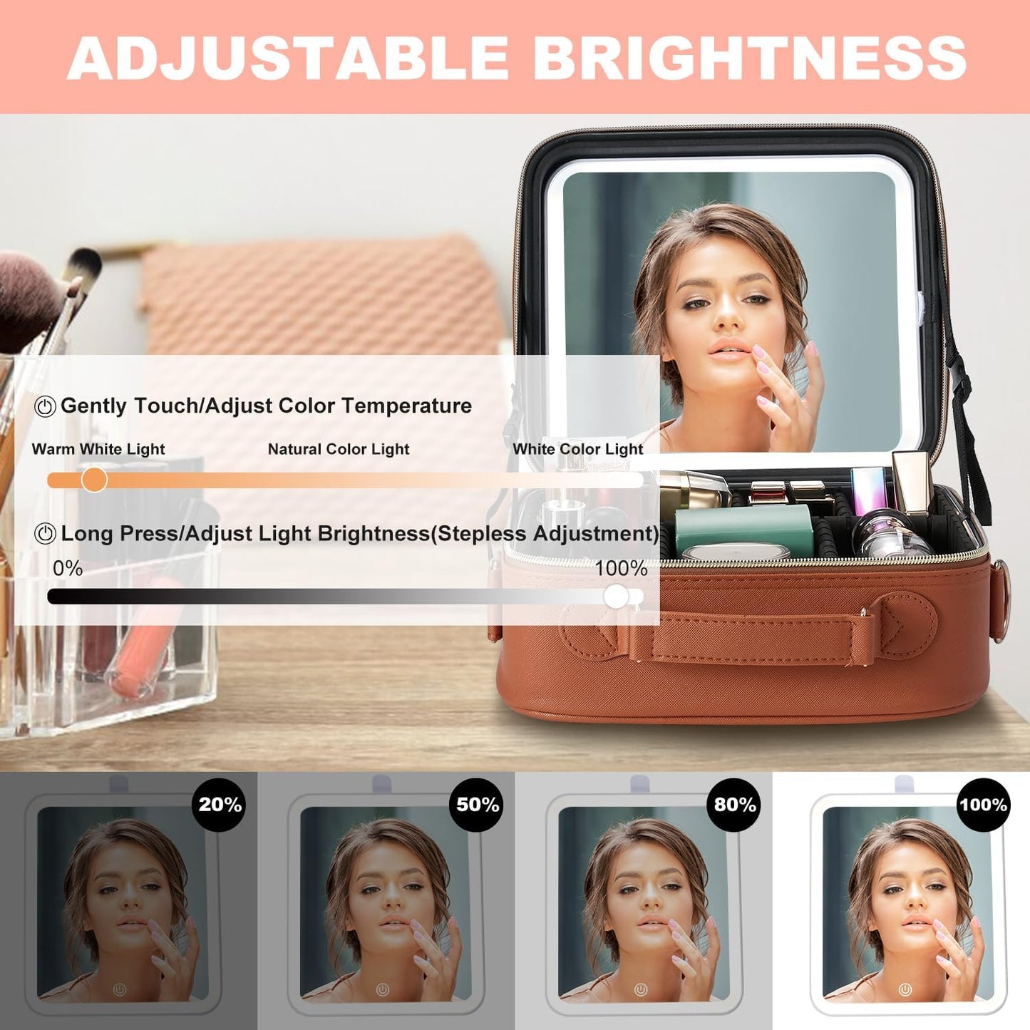 Mocado Travel Makeup Bag with LED Lighted Mirror, Travel Makeup Organizer, Makeup Case with 3 Color Lighted Setting and 10x Magnifying Mirror, Portable Storage and Adjustable Dividers(Orange Brown)