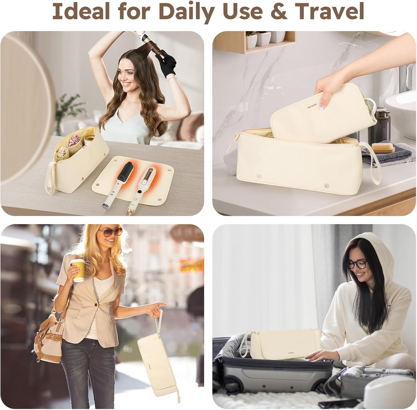 MOKURA Hot Hair Tools Travel Bag with Heat Resistant Mat Removable, Hair Accessories Organizer Case, Women Travel Essentials, Storage Pouch for Curling Iron Straightener Flat Iron Hair Dryer, Ivory