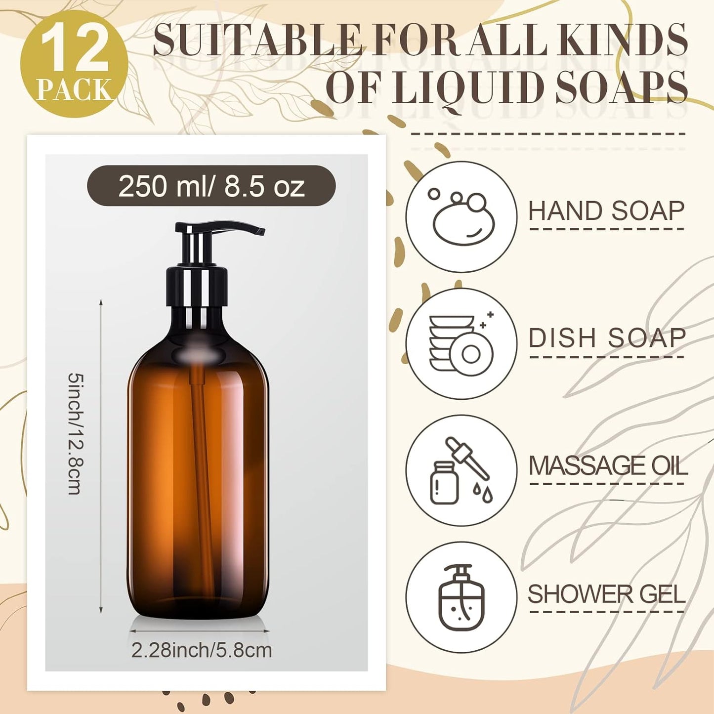 Tessco for you 12 Pack Amber Soap Dispenser Empty Plastic Pump Bottles Dispenser Refillable Shampoo Container for Hand Sanitizer Soap Lotion Body Wash Conditioner Bathroom Kitchen Travel(8.5 oz)