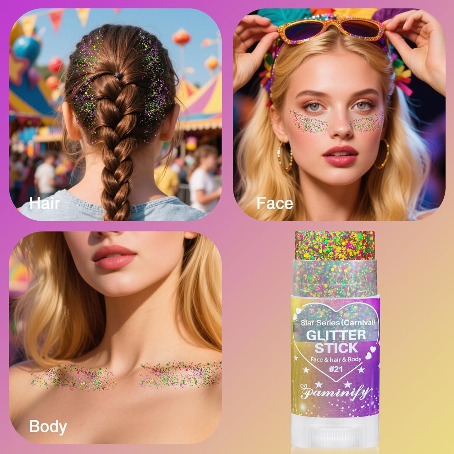 Mardi Gras Gold Hair Glitter Stick,Purple Green Face Body Glitter Makeup,Carnival Costume Waterproof Outfits for Women & Kids,Mardi Gras Accessories Singer Concerts Chunky Glitter