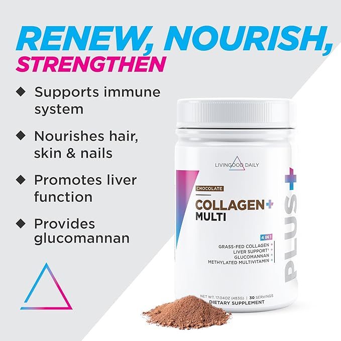Livingood Daily Collagen Powder for Women & Men (Chocolate) - Grass-Fed Hydrolyzed Collagen Peptides, Protein & Multivitamins for Healthy Hair, Skin & Nails - Keto & Paleo, Gluten Free - 30 Servings